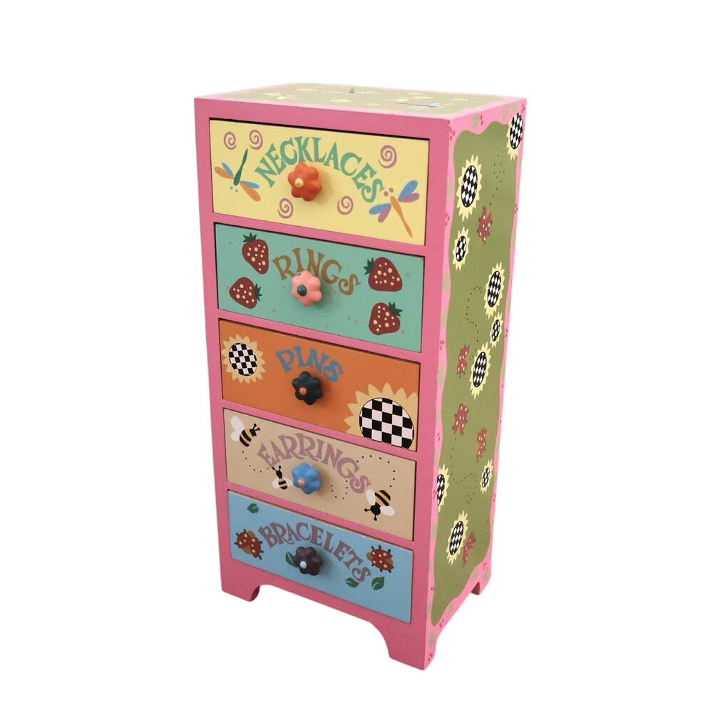 Vintage Colorful Tall Wooden Jewelry Box Rings Necklaces Bracelets y2k Nostalgia